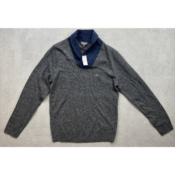 NEW Express Merino Wool Shawl Neck Sweater Mens Size M Gray Wool Blend - Picture 1 of 7